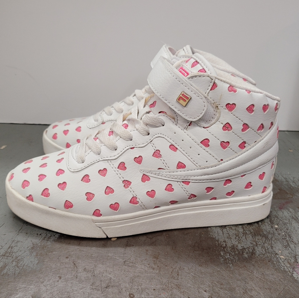 Adorable Fila Vulc 13, Hearts High Top Sneaker Women's Pink White Size  7